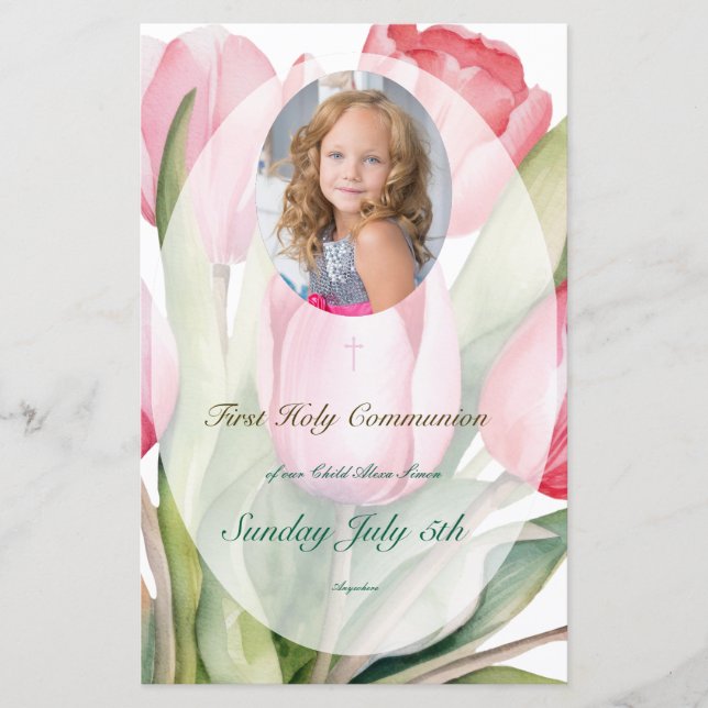 Elegant tulip First Communion Menu (Front)