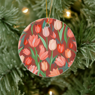 Elegant Tulip Floral Pattern – Red & Peach Spring  Ceramic Ornament