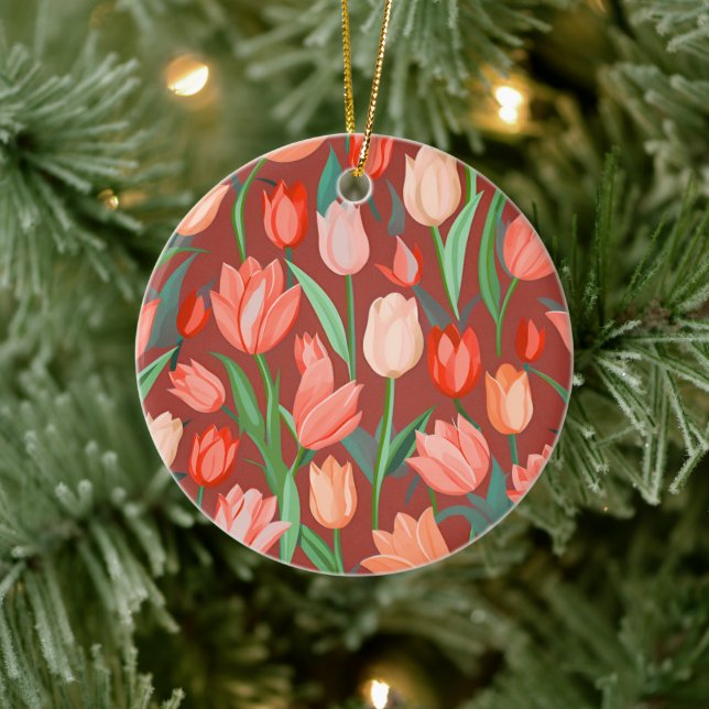 Elegant Tulip Floral Pattern – Red & Peach Spring  Ceramic Ornament (Tree)