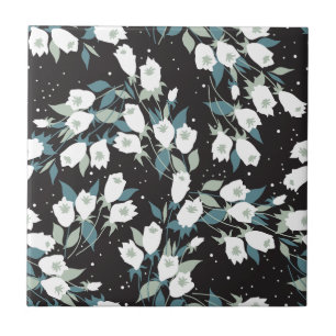 Elegant Tulip Flower Pattern Black Background Ceramic Tile