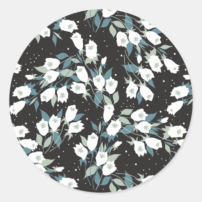 Elegant Tulip Flower Pattern Black Background Classic Round Sticker (Front)