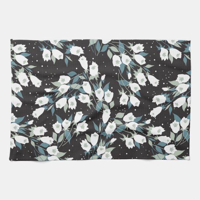 Elegant Tulip Flower Pattern Black Background Kitchen Towel (Horizontal)
