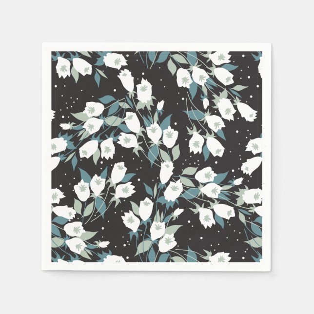 Elegant Tulip Flower Pattern Black Background Napkins (Front)