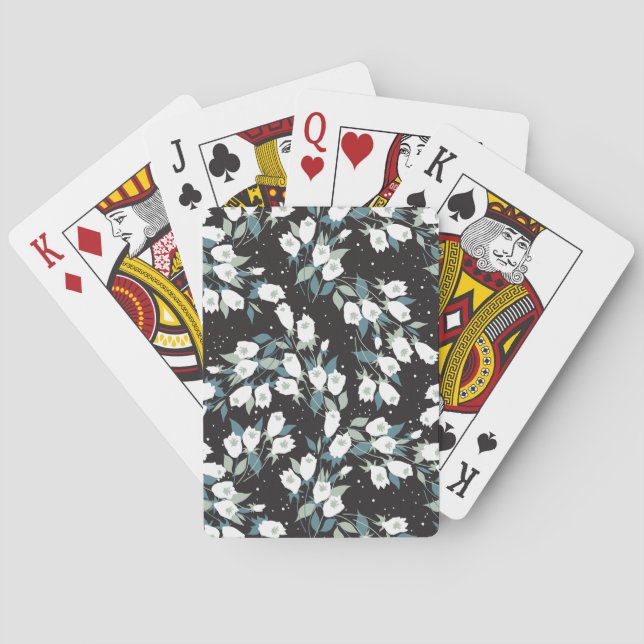 Elegant Tulip Flower Pattern Black Background Poker Cards (Back)