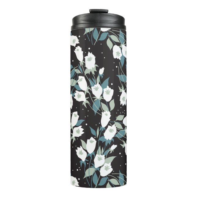 Elegant Tulip Flower Pattern Black Background Thermal Tumbler (Front)