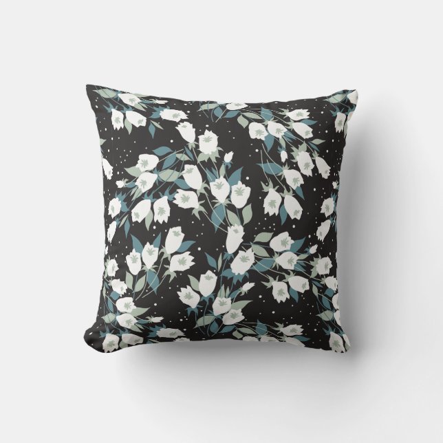 Elegant Tulip Flower Pattern Black Background Throw Pillow (Front)