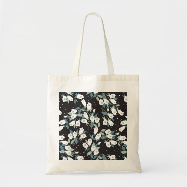 Elegant Tulip Flower Pattern Black Background Tote Bag (Front)