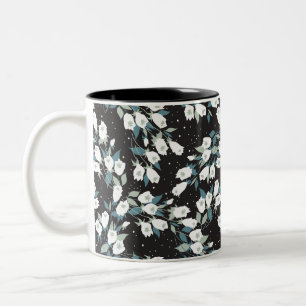 Elegant Tulip Flower Pattern Black Background Two-Tone Coffee Mug
