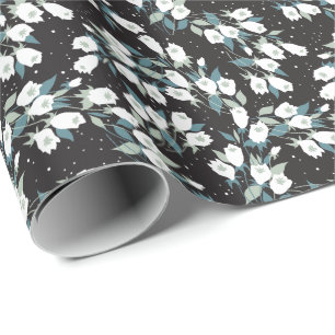 Elegant Tulip Flower Pattern Black Background Wrapping Paper
