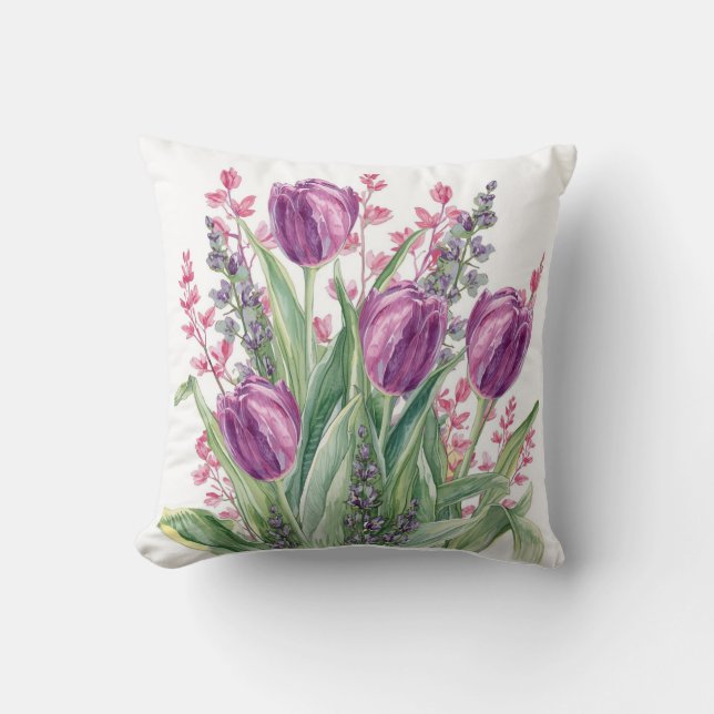 Elegant Tulip Flowers Pattern,Purple Stripes Throw Pillow (Front)