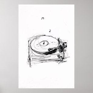 Elegant Turntable with Notes Sketch - Premium Poster
