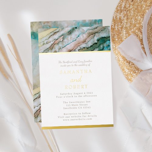 Elegant Turqoise and Gold Driftwood Beach Wedding Foil Invitation