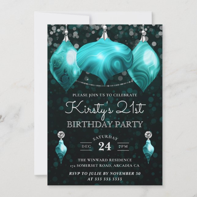 Elegant Turquoise Agate Baubles 21st Birthday Invitation (Front)