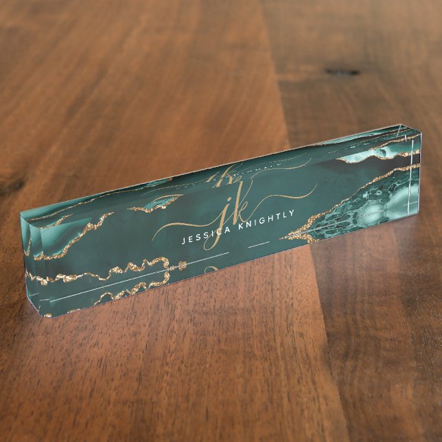 Elegant Turquoise Agate Gold Script Monogram Name Desk Name Plate (Side)