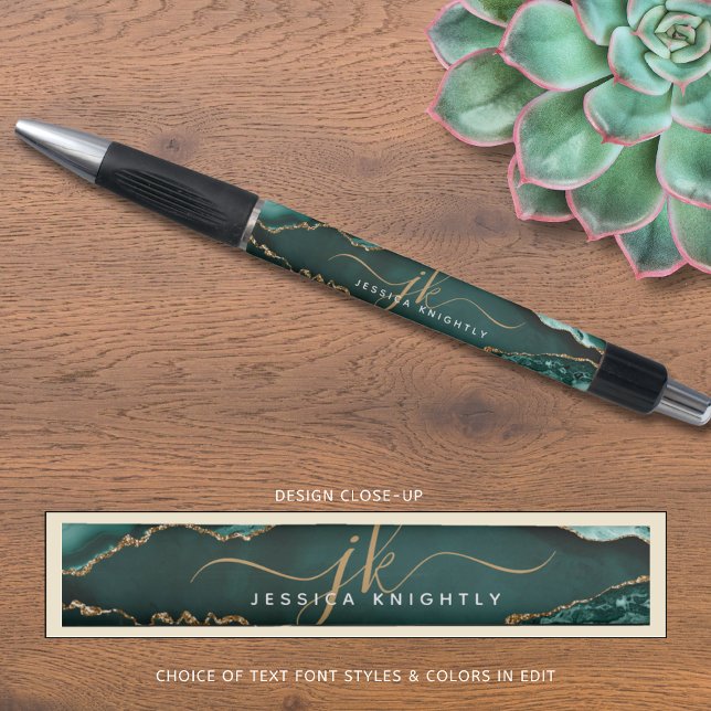 Elegant Turquoise Agate Gold Script Monogram Name Pen (Creator Uploaded)