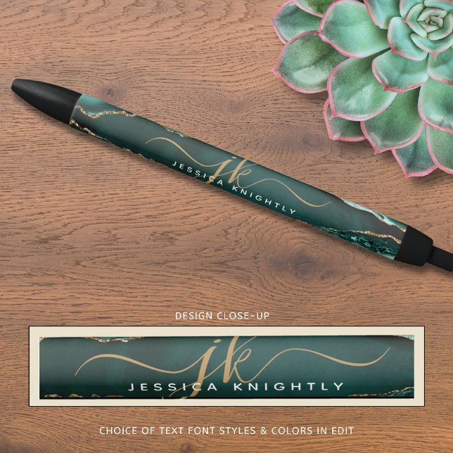 Elegant Turquoise Agate Gold Script Monogram Name Pen (Creator Uploaded)
