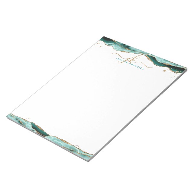 Elegant Turquoise Agate Script Monogram Initials Notepad (Angled)