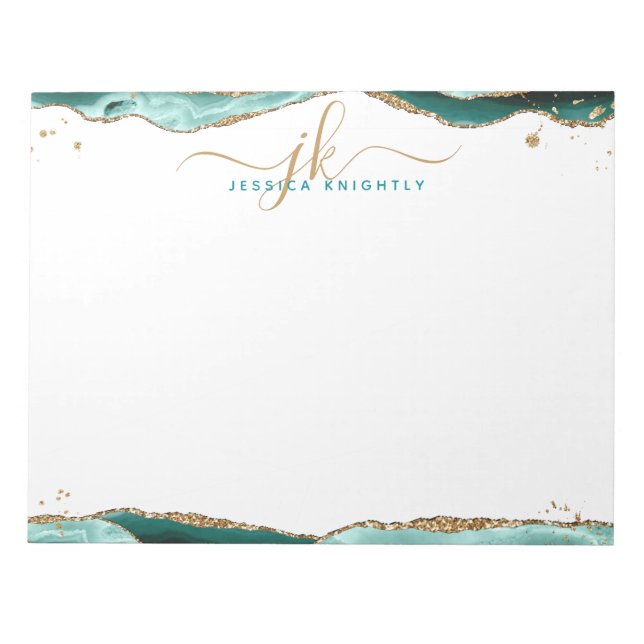 Elegant Turquoise Agate Script Monogram Initials Notepad (Front)