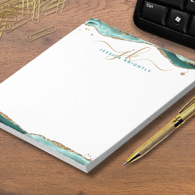Elegant Turquoise Agate Script Monogram Initials Notepad (Creator Uploaded)