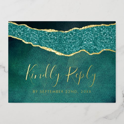 Elegant Turquoise Agate Wedding RSVP Real Foil Invitation Postcard