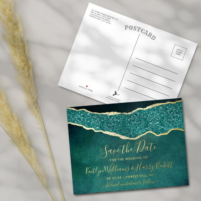 Elegant Turquoise Agate Wedding Save The Date Real Foil Invitation Postcard (Creator Uploaded)