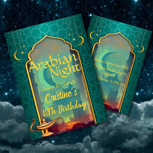 Elegant Turquoise Aladdin Arabian Night Birthday Invitation