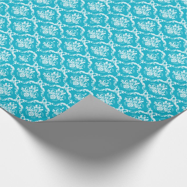 Elegant Turquoise And Cream Floral Damasks Wrapping Paper (Corner)
