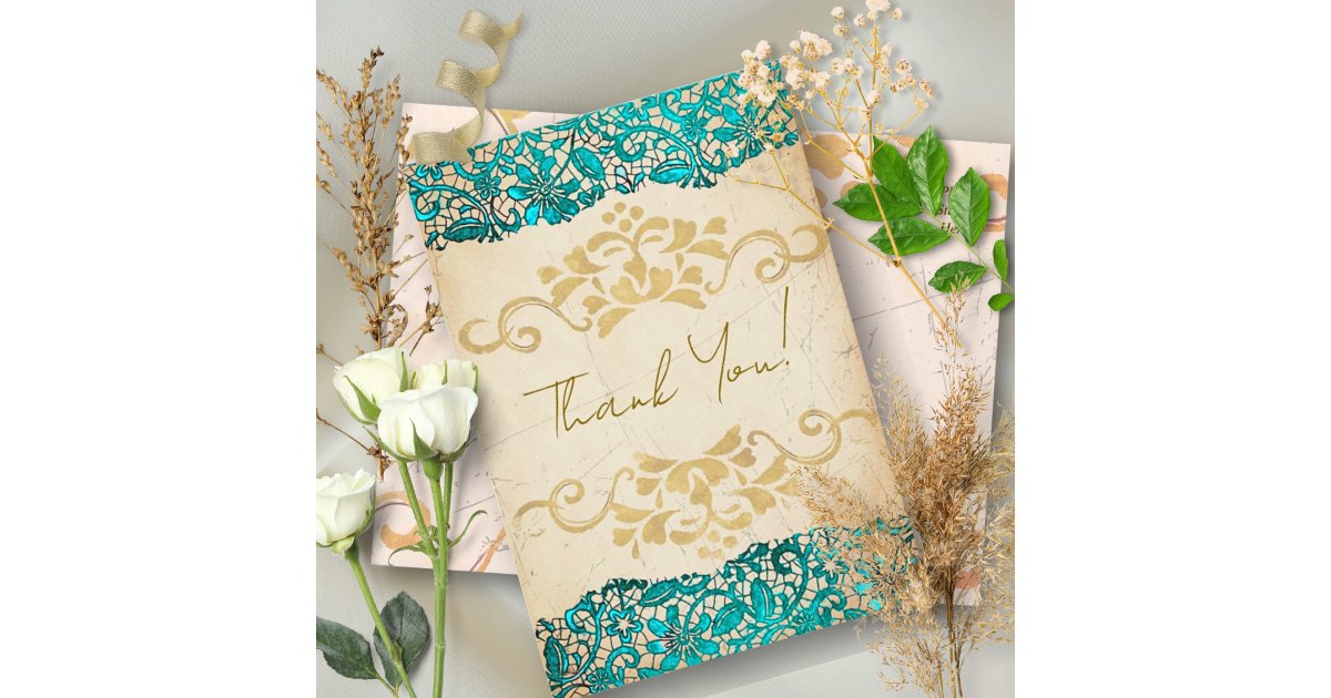 Elegant Turquoise and Gold Vintage Style Wedding Thank You Card | Zazzle