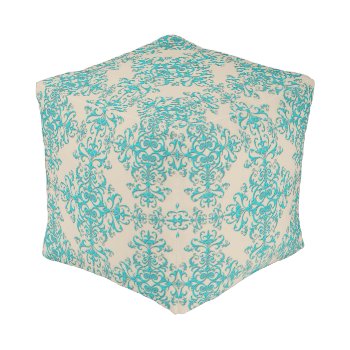 Elegant Turquoise And Off White Damask Pattern Pouf by MHDesignStudio at Zazzle