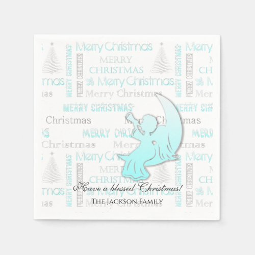 Elegant Turquoise and Silver Christmas Typography Napkins