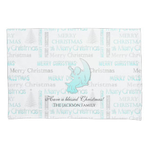 Elegant Turquoise and Silver Christmas Typography Pillow Case