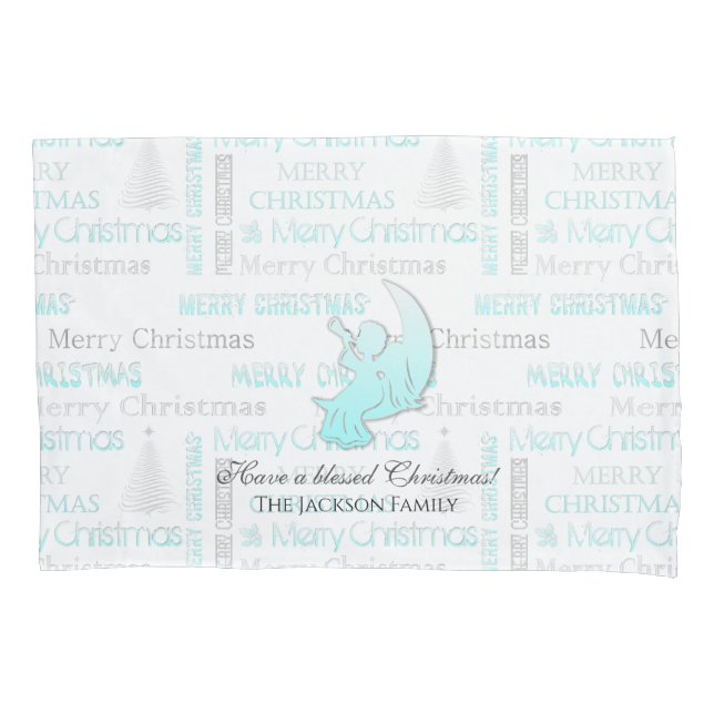 Elegant Turquoise and Silver Christmas Typography Pillow Case (Front)