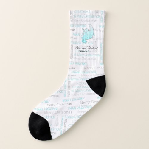 Elegant Turquoise and Silver Christmas Typography Socks