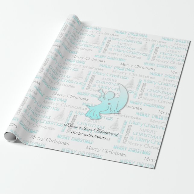Elegant Turquoise and Silver Christmas Typography Wrapping Paper (Unrolled)