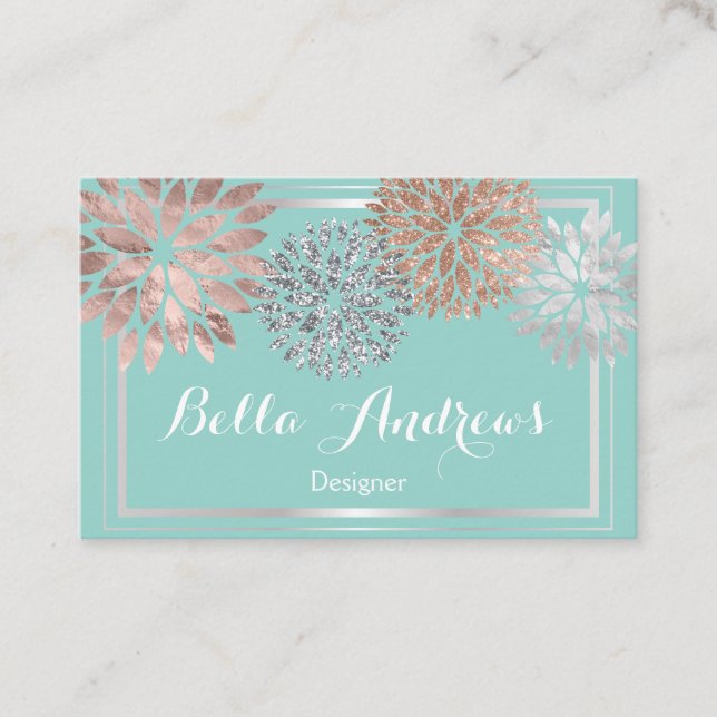 Elegant Turquoise and Silver Dahlia Flower Design Business Card (Front)