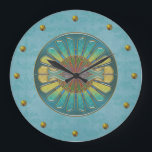 Elegant Turquoise Art Deco Wall Clock<br><div class="desc">Chic wall clock done in a turquoise damask background.  Elegant graphics of gold studs represent the numbers,  around the edge,  and a lovely colorful Art Deco style circular decoration in the middle of the clock.  Customize to add text.  Lovely clock for any room of the house or office.</div>