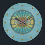 Elegant Turquoise Art Deco Wall Clock<br><div class="desc">Chic wall clock done in a turquoise damask background. Elegant graphics of gold studs represent the numbers, around the edge, and a lovely colorful Art Deco style circular decoration in the middle of the clock. Customize to add text. Lovely clock for any room of the house or office.</div>