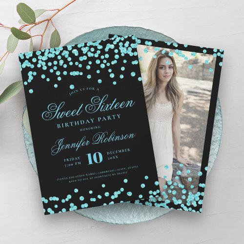 Elegant Turquoise Black Confetti Photo Sweet 16   Invitation
