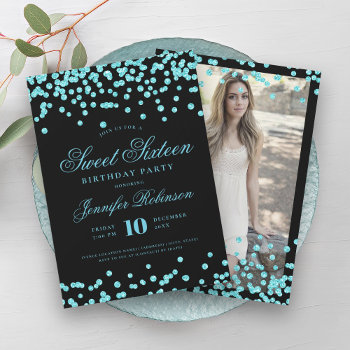 Elegant Turquoise Black Confetti Photo Sweet 16   Invitation by Rewards4life at Zazzle