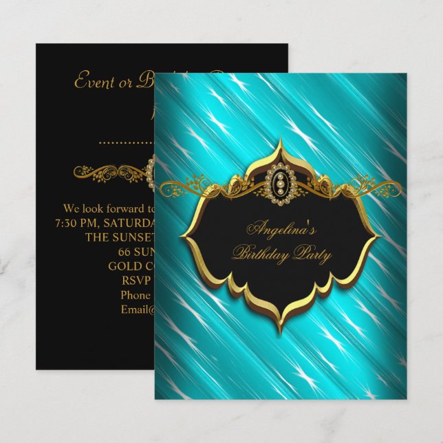 Elegant Turquoise Black Gold Blue Birthday Party Invitation (Front/Back)