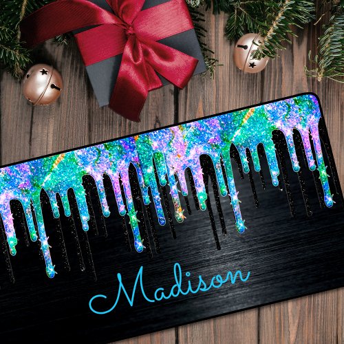 Elegant Turquoise black Unicorn Drips monogram Desk Mat