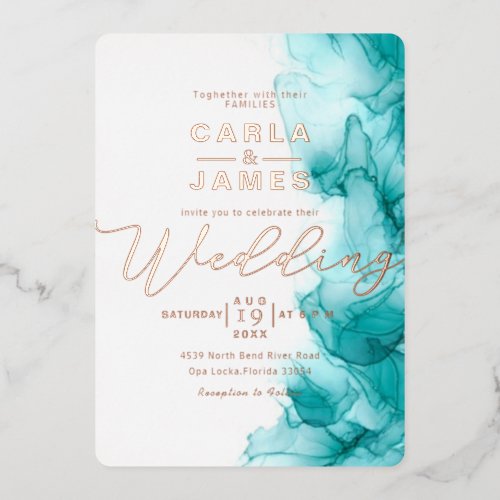 elegant Turquoise Blue Alcohol Ink gold wedding  F Foil Invitation