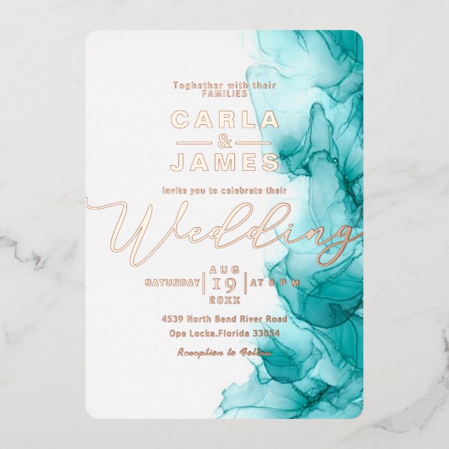 elegant Turquoise Blue Alcohol Ink gold wedding  F Foil Invitation (Front)
