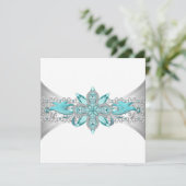 Elegant Turquoise Blue and Silver Wedding Invitation (Standing Front)