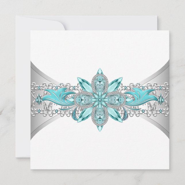 Elegant Turquoise Blue and Silver Wedding Invitation (Front)