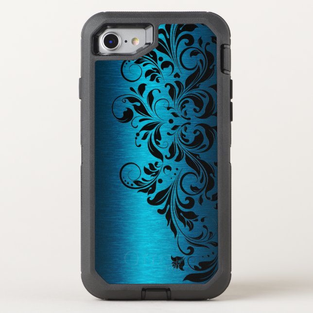 Elegant Turquoise Blue & Black Floral Lace Otterbox iPhone Case (Back)