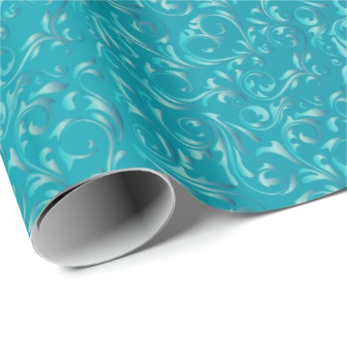 Elegant Turquoise Blue Damask Design Wrapping Paper