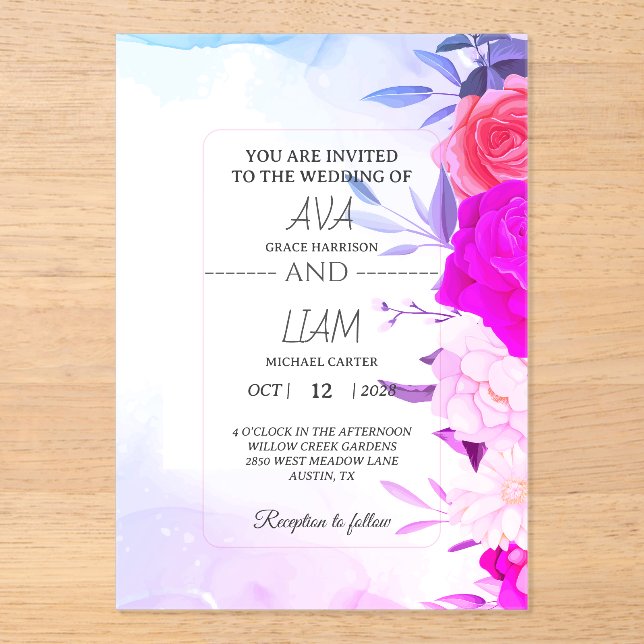Elegant Turquoise Blue Floral Watercolor Wedding  Acrylic Invitations (Front)