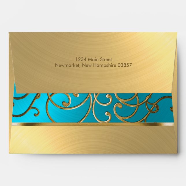 Elegant Turquoise Blue Gold Filigree Envelope (Back (Top Flap))