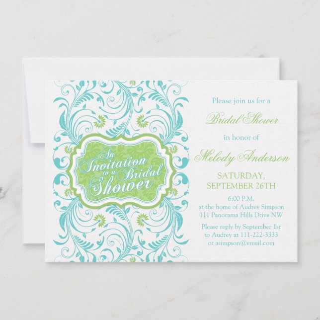 Elegant Turquoise Blue Green Floral Bridal Shower Invitation (Front)